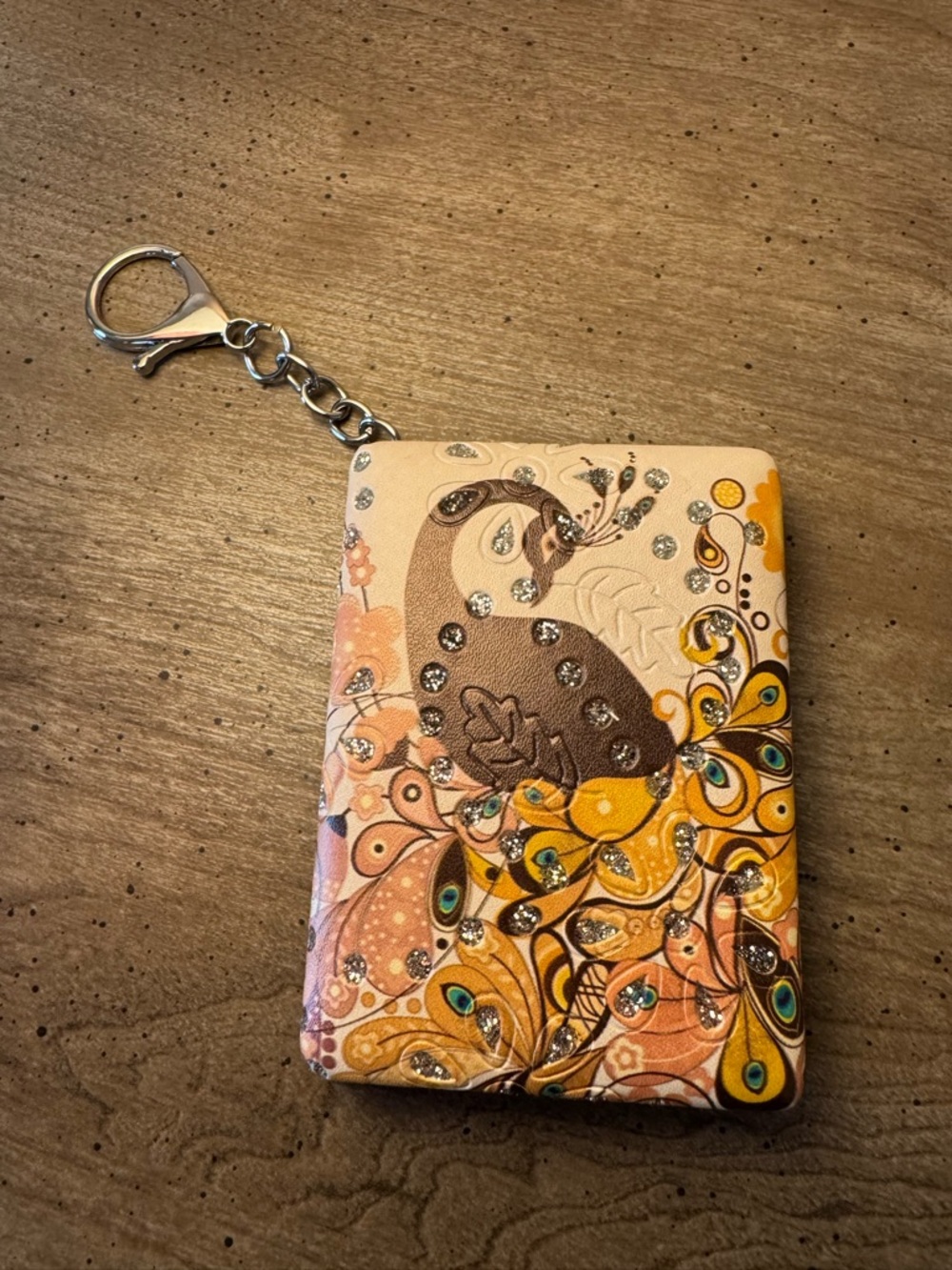 Peacock Print mirror Keychain in Peach and Yellow